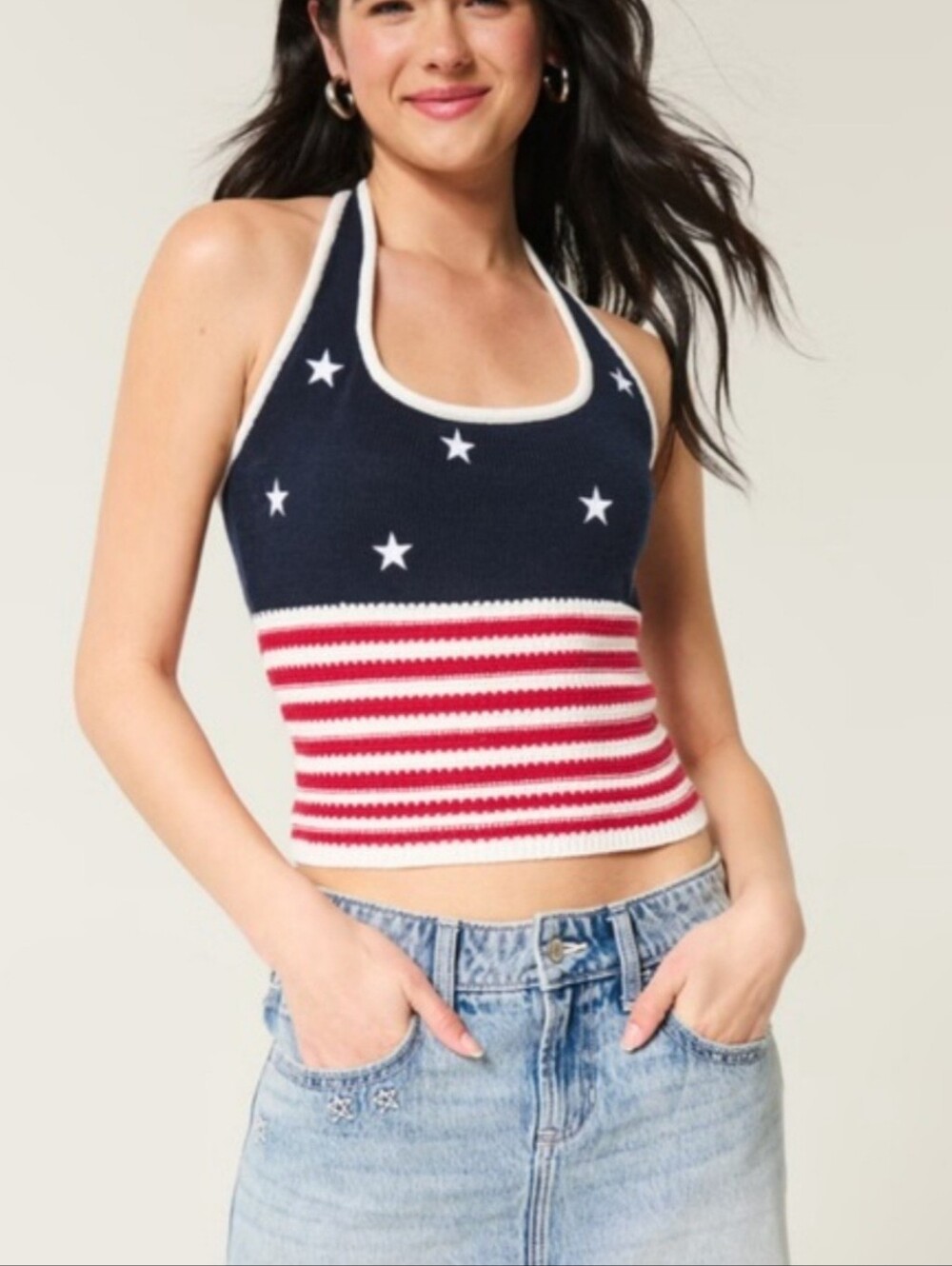 NWT Sincerely Jules Patriotic Knit Halter Crop Top Size M Stars & Stripes